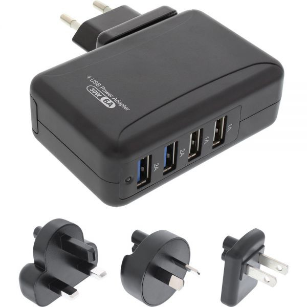 4 poorts USB lader 6A Zwart